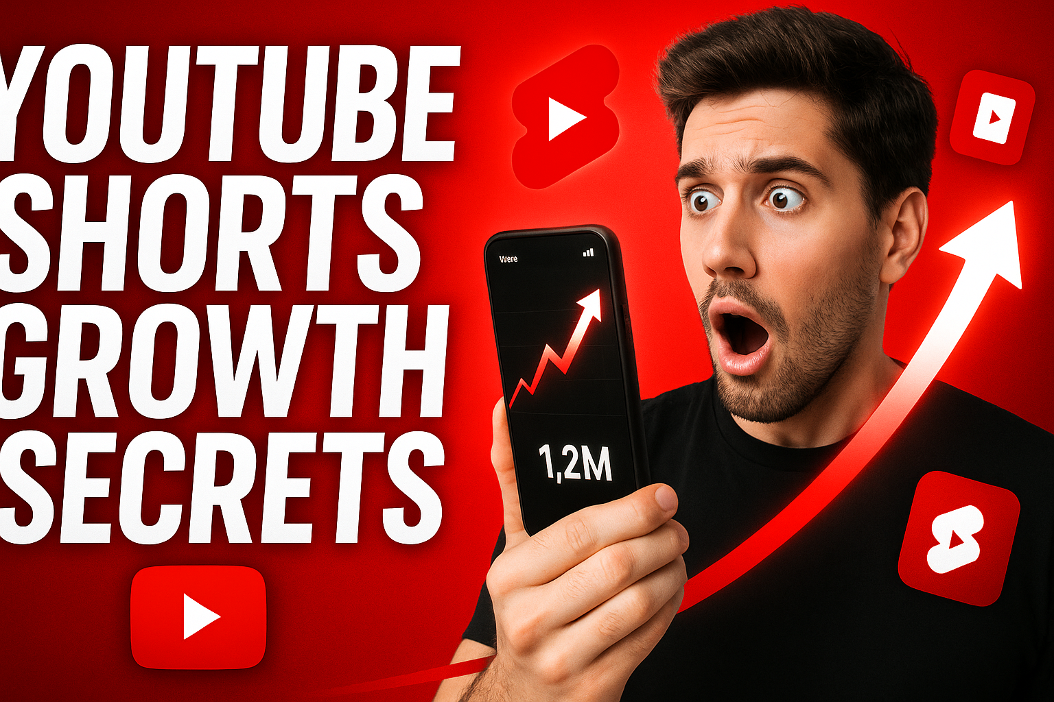 An illustration showing a content creator analyzing viral YouTube Shorts performance with growth analytics, upward trending graph, and mobile screen, representing fast organic and boosted growth strategies for creators.