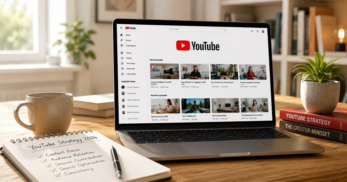Laptop displaying YouTube with a 2026 channel growth strategy on the desk