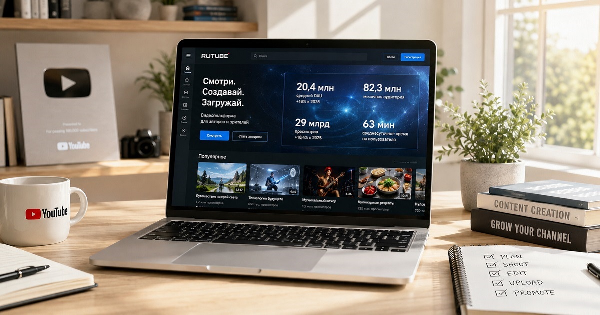 Laptop displaying Rutube's homepage with 2026 platform growth statistics