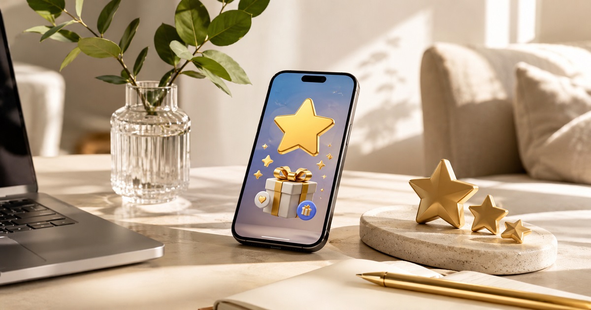 Smartphone displaying a gold star and gift icon symbolizing Telegram Stars and Gifts, with decorative stars on the table