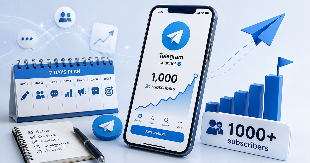 Smartphone showing a Telegram channel reaching 1,000 subscribers, a 7-day plan calendar, and a channel growth checklist