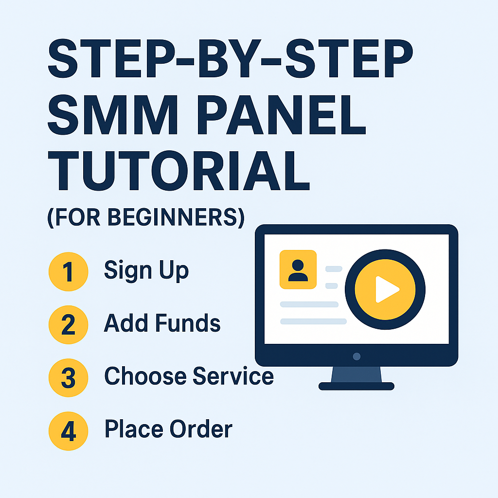 Step-by-step SMM panel tutorial infographic for beginners showing four key steps — sign up, add funds, choose service, and place order — with a computer illustration and play button icon