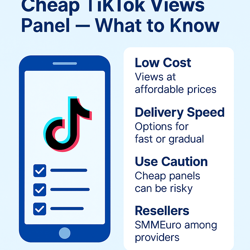 Cheap TikTok Views Panel — What to Know infographic showing a smartphone with the TikTok logo and checklist points about low-cost views, flexible delivery speed, using caution with cheap panels, and trusted resellers like SMMEuro