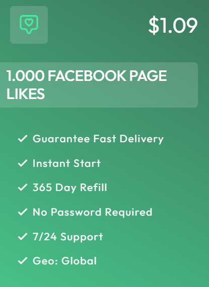 Buy 1,000 Facebook Page Likes for $1.09 – Instant Start and Global Reach Facebook likes package with 1,000 page likes, fast delivery, global targeting, and 365-day refill for $1.09