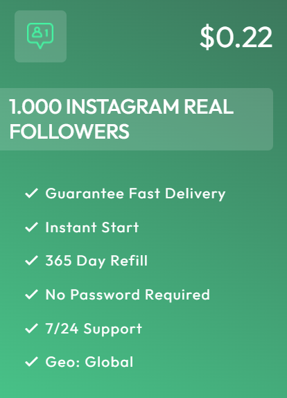 Buy 1,000 Real Instagram Followers for $0.22 – Fast Delivery Guaranteed Instagram followers package offering 1,000 real followers with instant start, global reach, and 365-day refill for $0.22