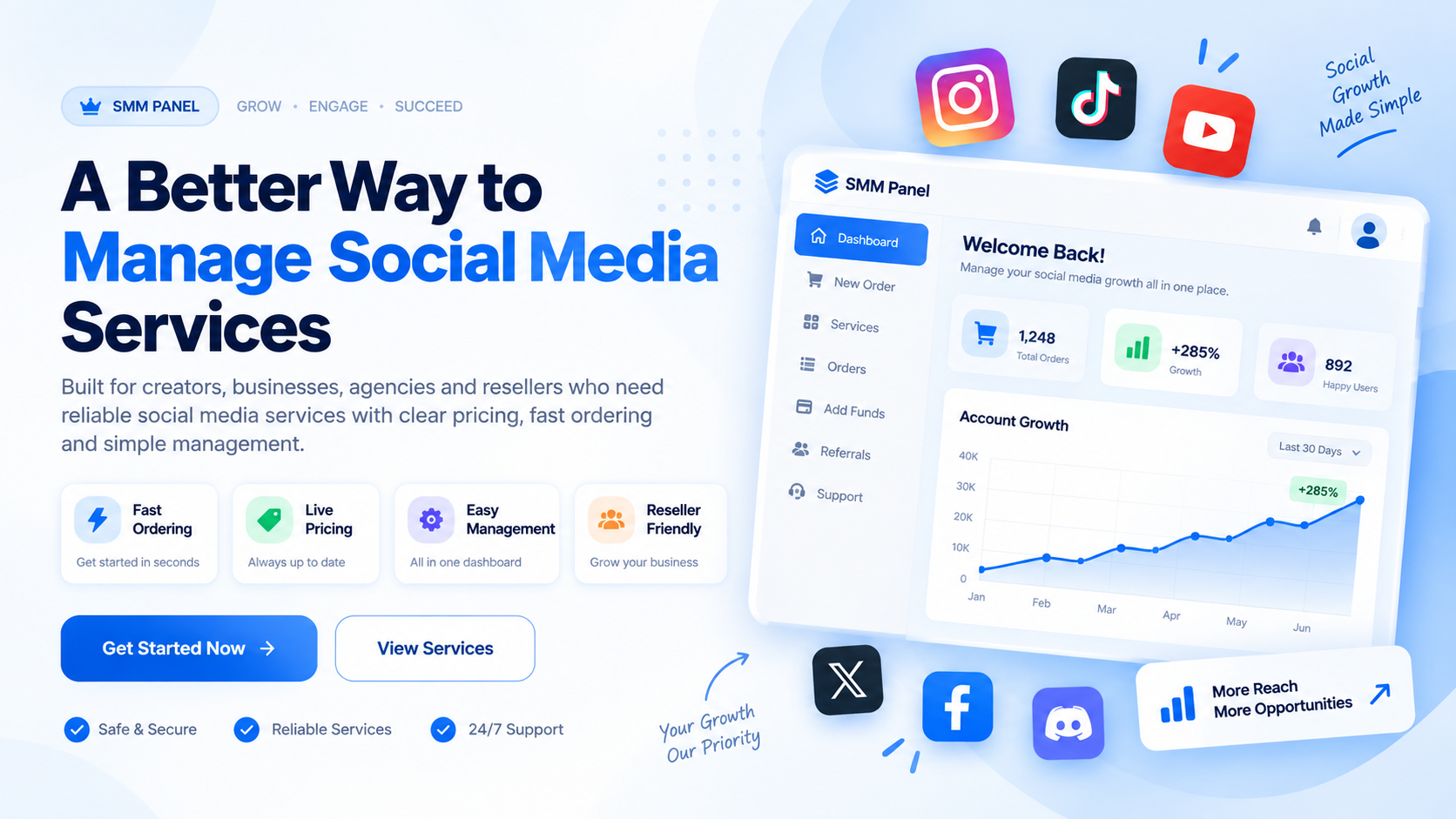 SMM panel dashboard for managing social media services, live pricing, orders and reseller tools