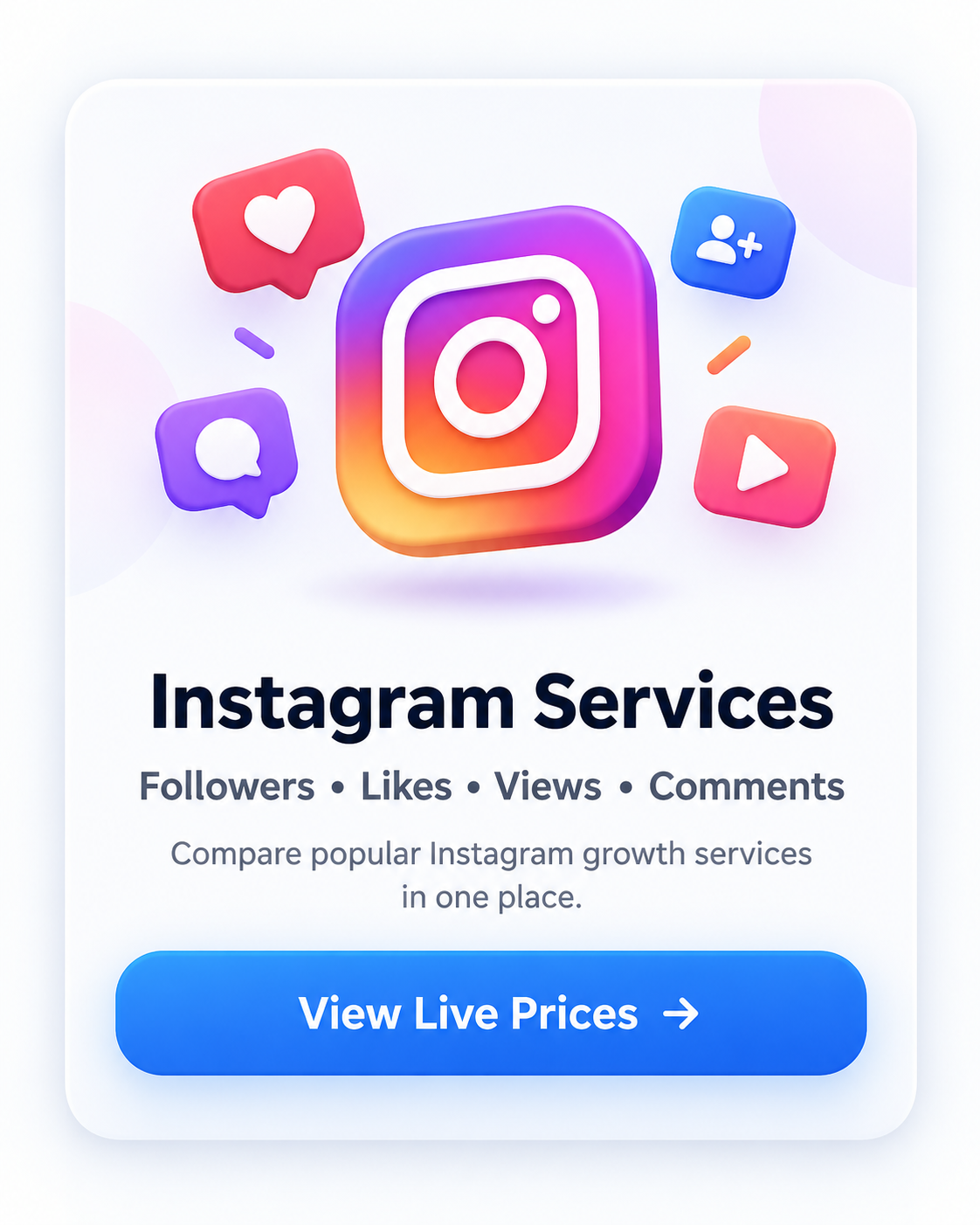 Instagram services pricing card for followers, likes, views and comments with live price access
