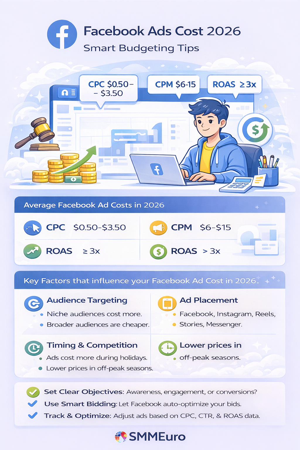 Infographic showing Facebook Ads cost breakdown for 2026 — including CPC, CPM, ROAS, and budgeting strategies — in SMMEuro’s flat blue-white visual style.