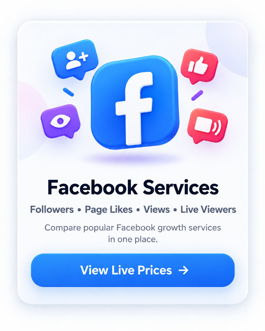 Facebook services pricing card for followers, page likes, views and live viewers with live price access