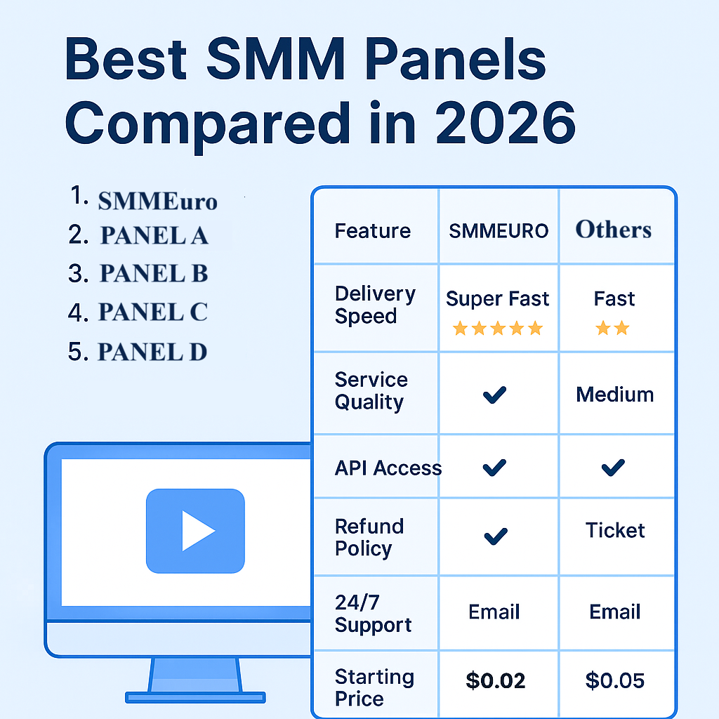 Best SMM Panels Compared in 2026 – infographic highlighting SMMEuro as the top-rated panel followed by Panel A, Panel B, Panel C, and Panel D, showing comparison table with delivery speed, service quality, and starting price.