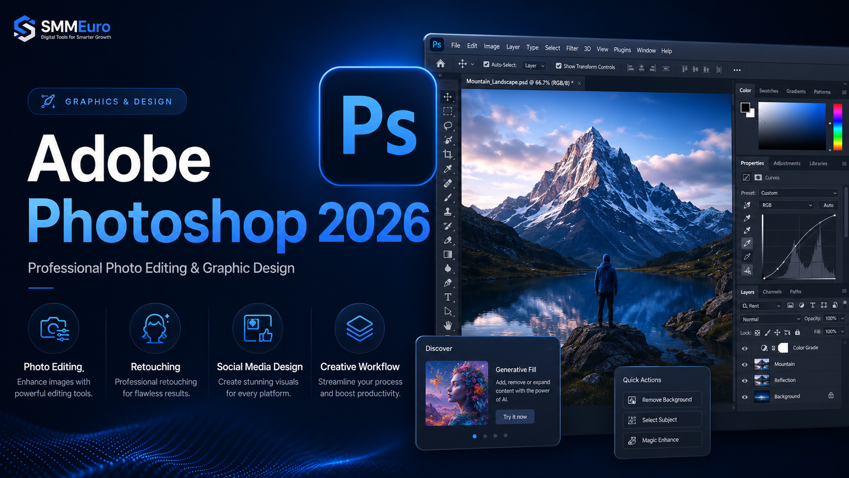 Adobe Photoshop 2026 for photo editing, social media design, thumbnails, and creative content