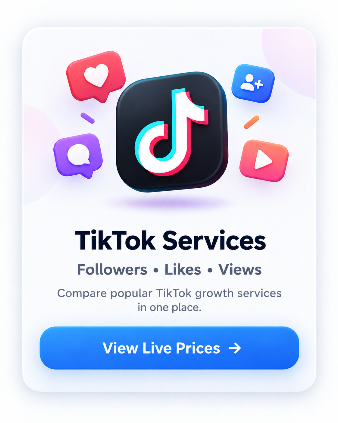 TikTok services pricing card for followers, likes and views with live price access