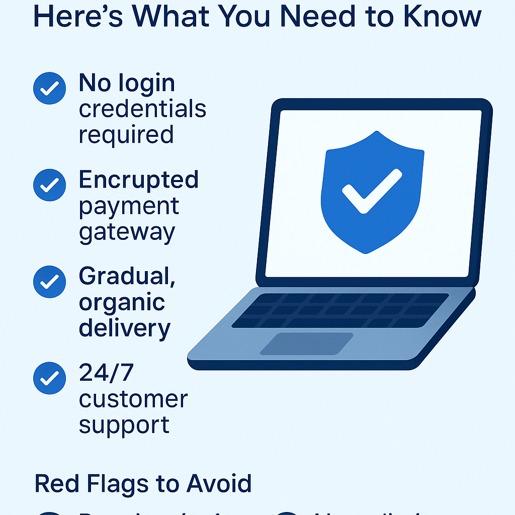 Is an SMM Panel Safe infographic showing laptop with security shield icon and checklist highlighting no login credentials required, encrypted payment gateway, gradual organic delivery, 24/7 support, plus warning about red flags to avoid