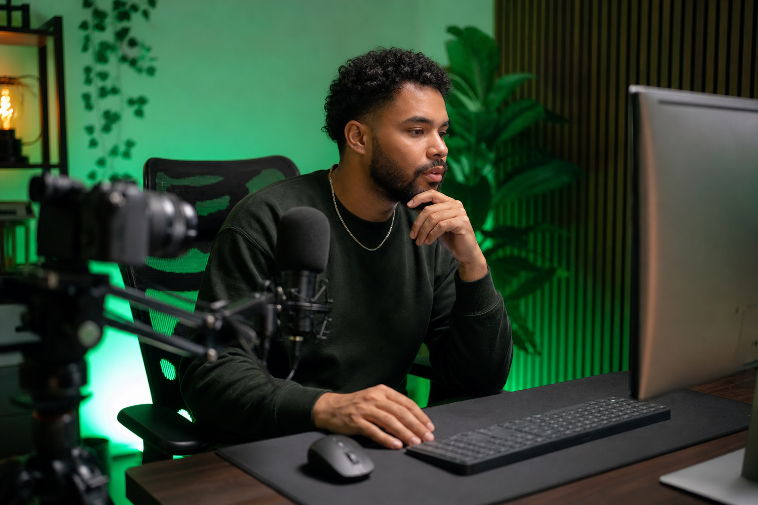 Creator reviewing live stream performance and audience activity at a desktop setup