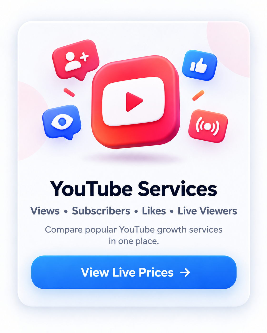 YouTube services pricing card for views, subscribers, likes and live viewers with live price access
