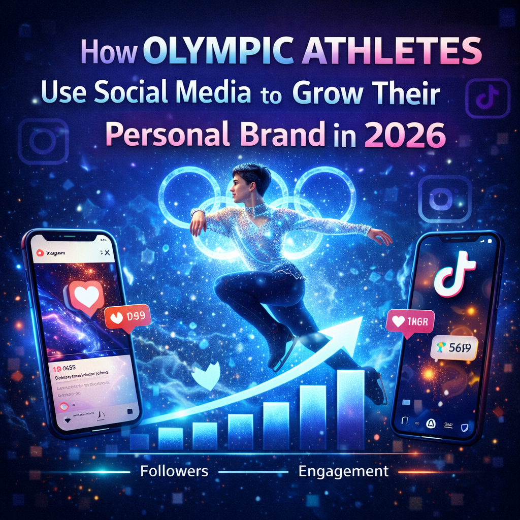 Olympic athlete building personal brand on Instagram and TikTok during Winter Olympics 2026 with rising engagement graph