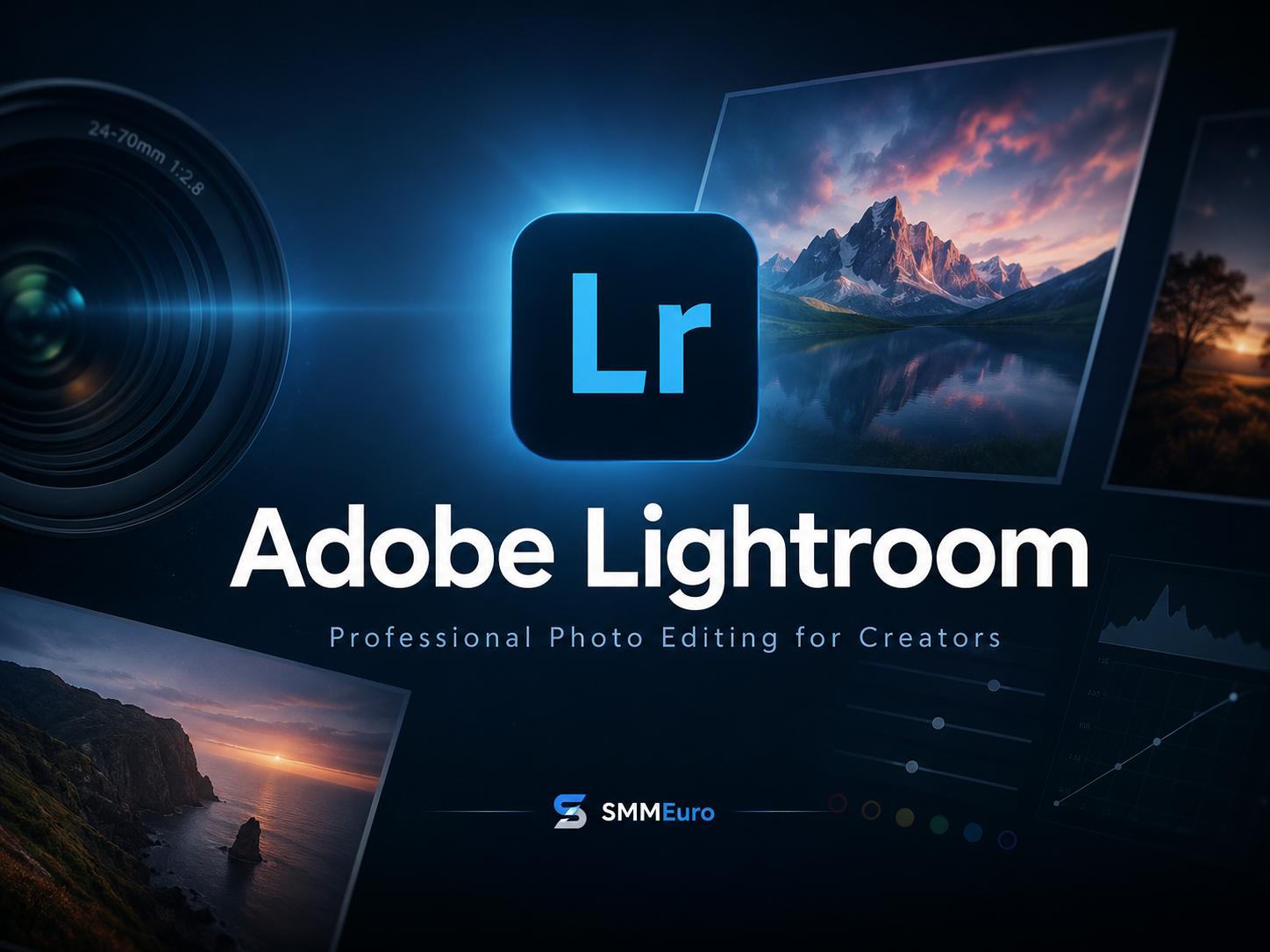 Adobe Lightroom for photo editing, color correction, presets, image organization, and social media content