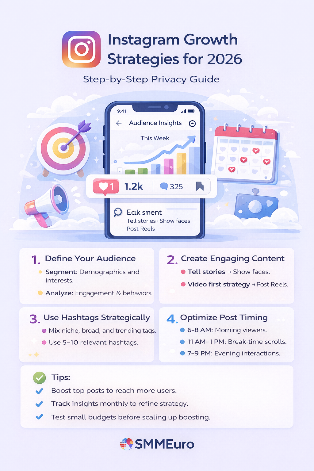 Instagram Growth Strategies for 2026 infographic showing steps to define audience, create engaging content, use hashtags strategically, and optimize post timing – designed by SMMEuro