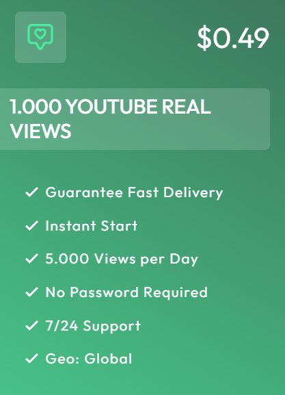 Buy 1,000 Real YouTube Views for $0.49 – Fast Daily Delivery YouTube views package offering 1,000 real views with 5,000 per day speed, instant start, and global delivery for $0.49
