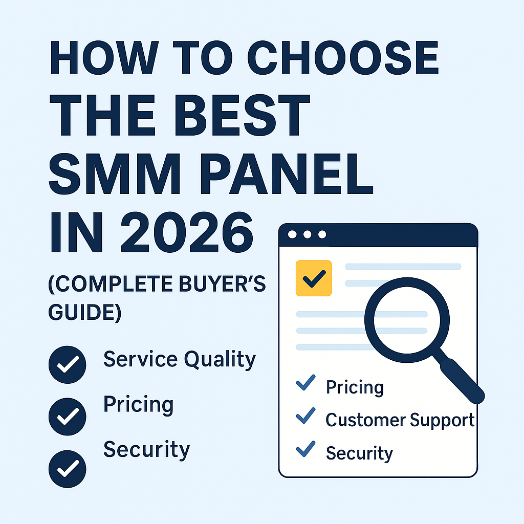 How to Choose the Best SMM Panel in 2026 – infographic showing checklist for selecting reliable SMM panels based on service quality, pricing, customer support, and security
