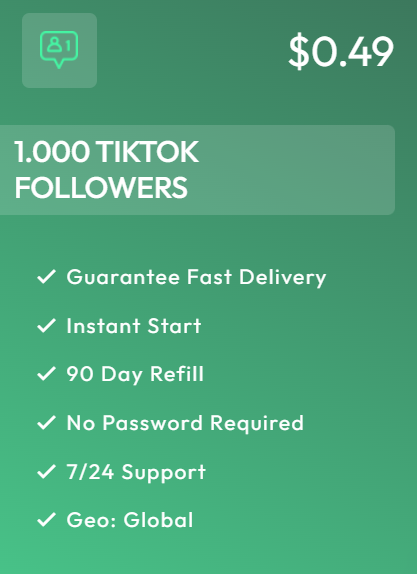 Buy 1,000 TikTok Followers for $0.49 – Fast Delivery with 90-Day Refill Affordable TikTok followers package offering 1,000 real followers with instant start, global delivery, and 90-day refill for $0.49