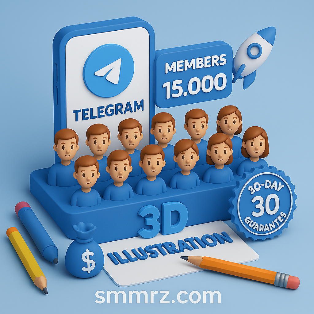 Buy Telegram Fake Members at the Lowest Price Worldwide – 30-365Days Guarantee Included 3D Telegram channel with avatars, rocket icon, money bag, and 30-day guarantee badge – smmrz.com