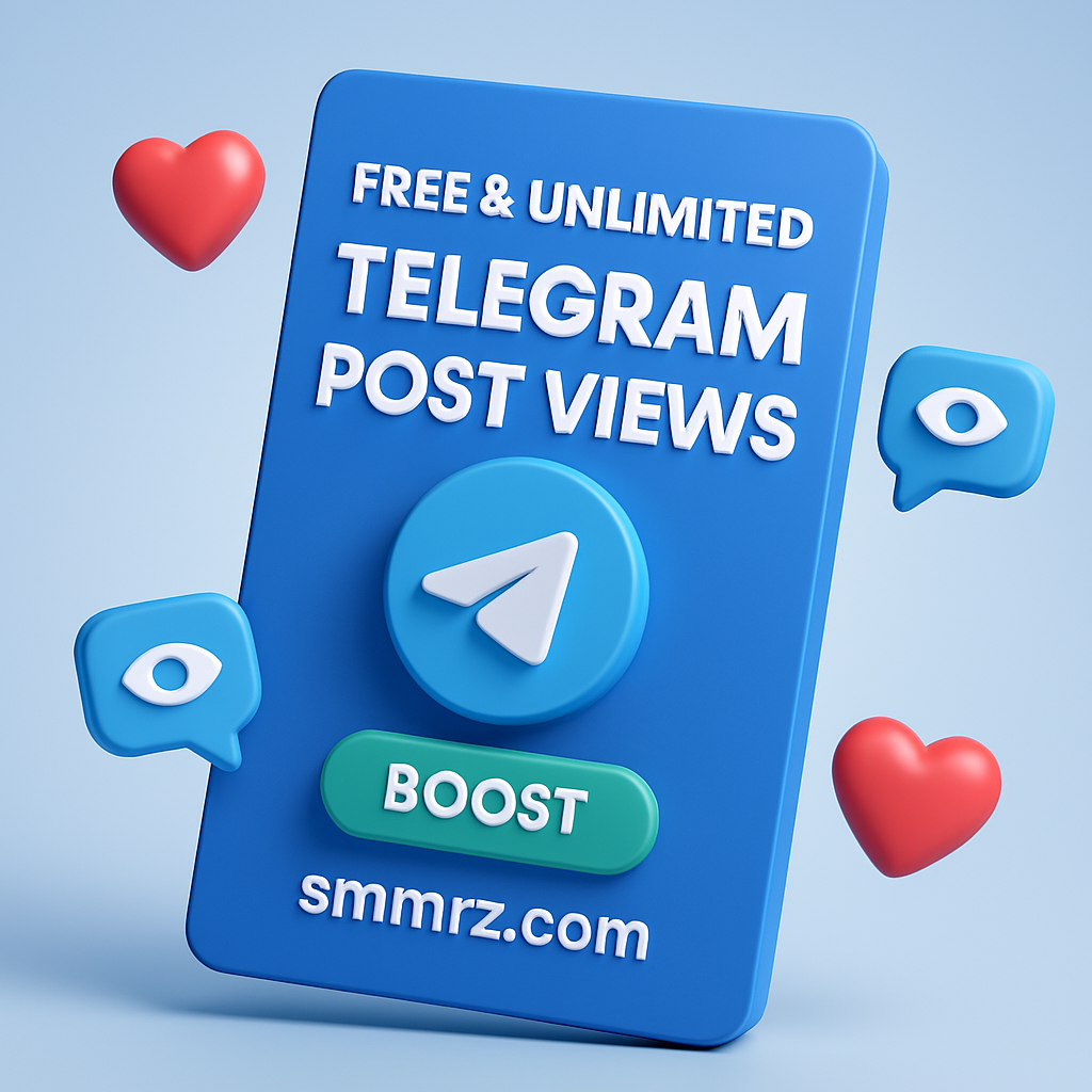 3D promo image for SMMRZ’s free Telegram post views service.