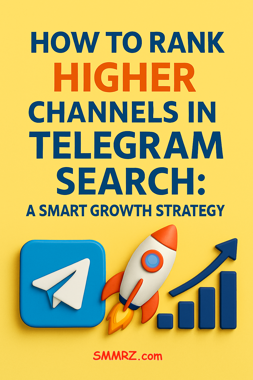 3D graphic showing Telegram growth strategy with rocket, chart, and logo — smmrz.com.