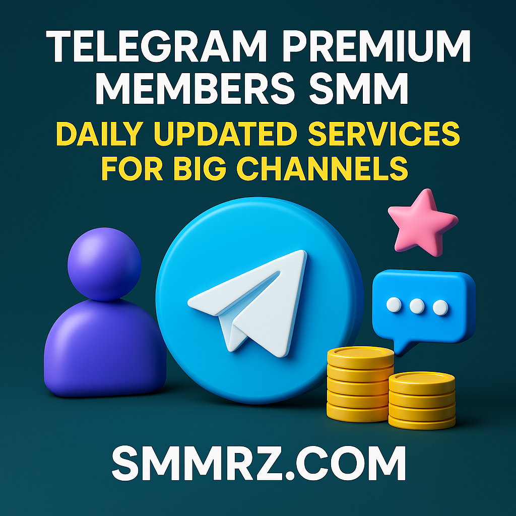 3D illustration showing Telegram premium members SMM services for big channels with daily updated database, featuring Telegram icon, user avatar, coins, and SMMRZ.com watermark.