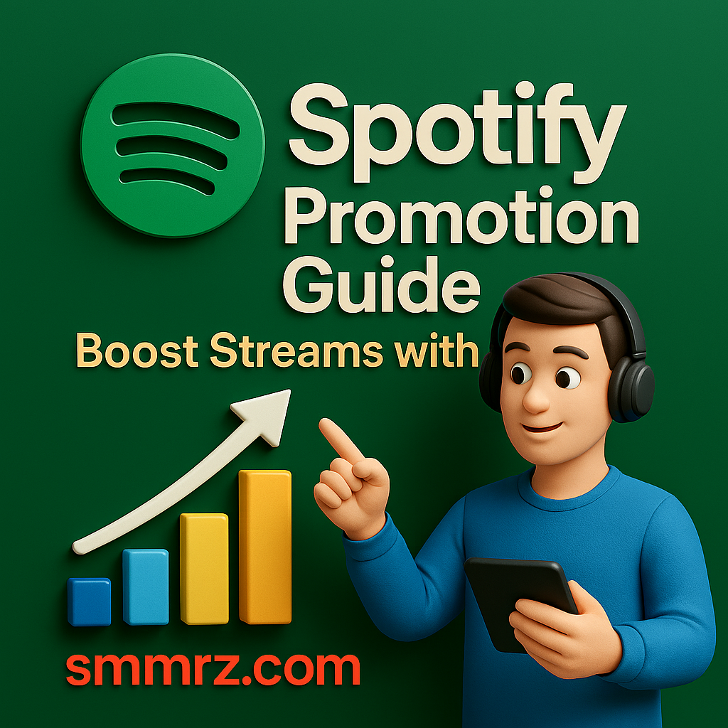 ๐ง Spotify Promotion Guide: Boost Streams with smmrz.com Spotify promotion guide with growth chart and smmrz.com branding.