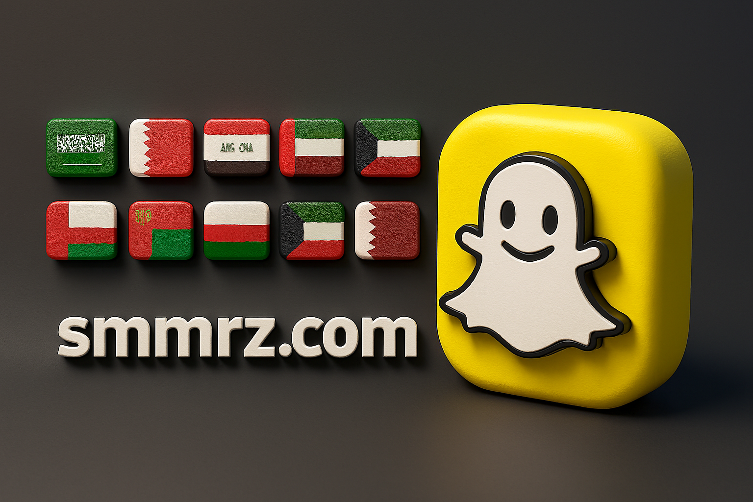 3D Snapchat logo with Middle Eastern country flags and SMMRZ.com branding regional social media marketing service for Arabic-speaking users