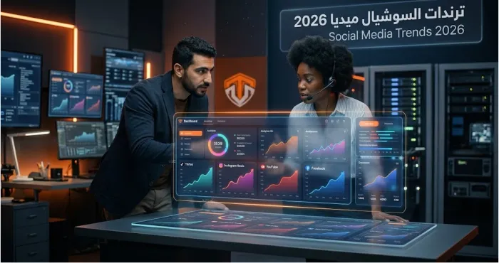 خبراء تسويق رقمي يحللون أحدث شاشات ترندات السوشيال ميديا 2026 في بيئة عمل احترافية