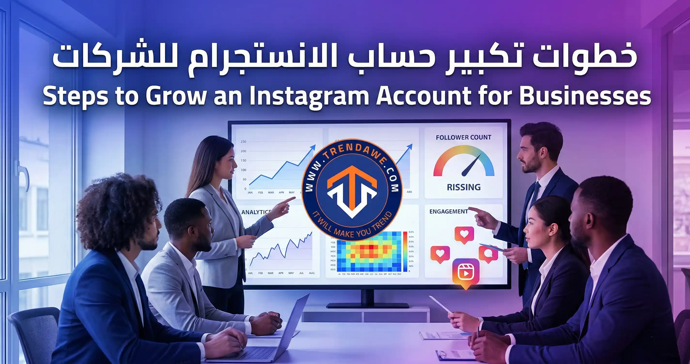 فريق تسويق رقمي يدير حساب انستجرام لشركة ويحلل التفاعل لزيادة المتابعين والمبيعات