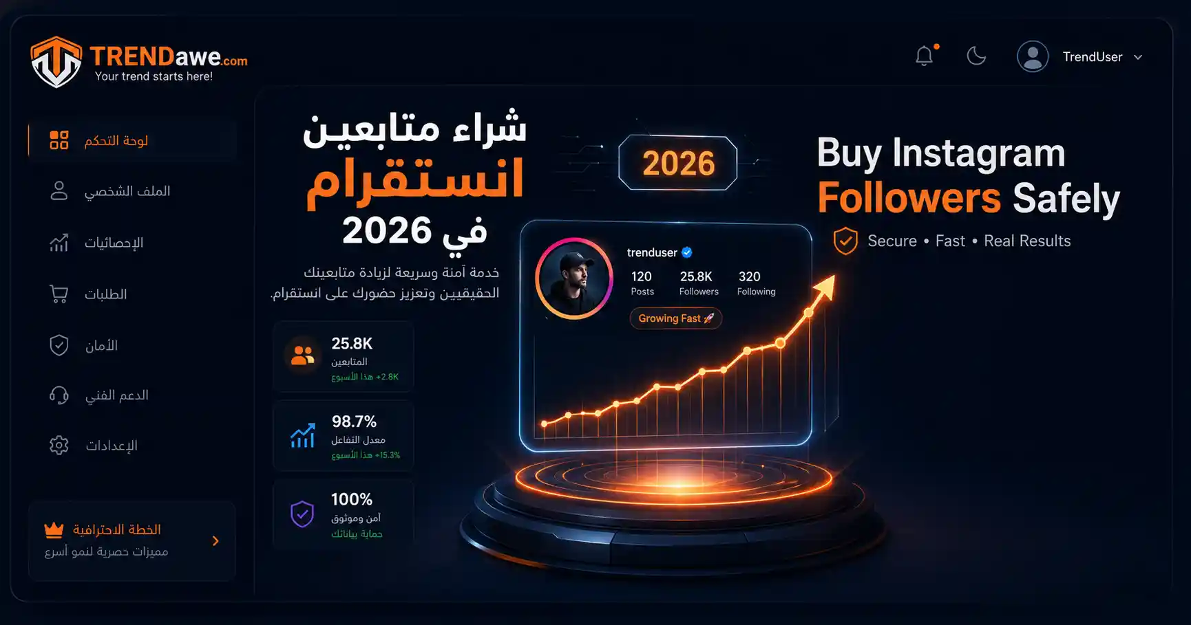 واجهة موقع ترنداوي لتقديم خدمات السوشيال ميديا وشراء متابعين انستقرام بأمان في عام 2026