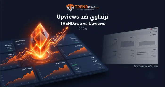 للصورة: مقارنة تفصيلية باللغتين العربية والإنجليزية بين سيرفر ترنداوي وسيرفر Upviews لخدمات السوشيال ميديا لعام 2026