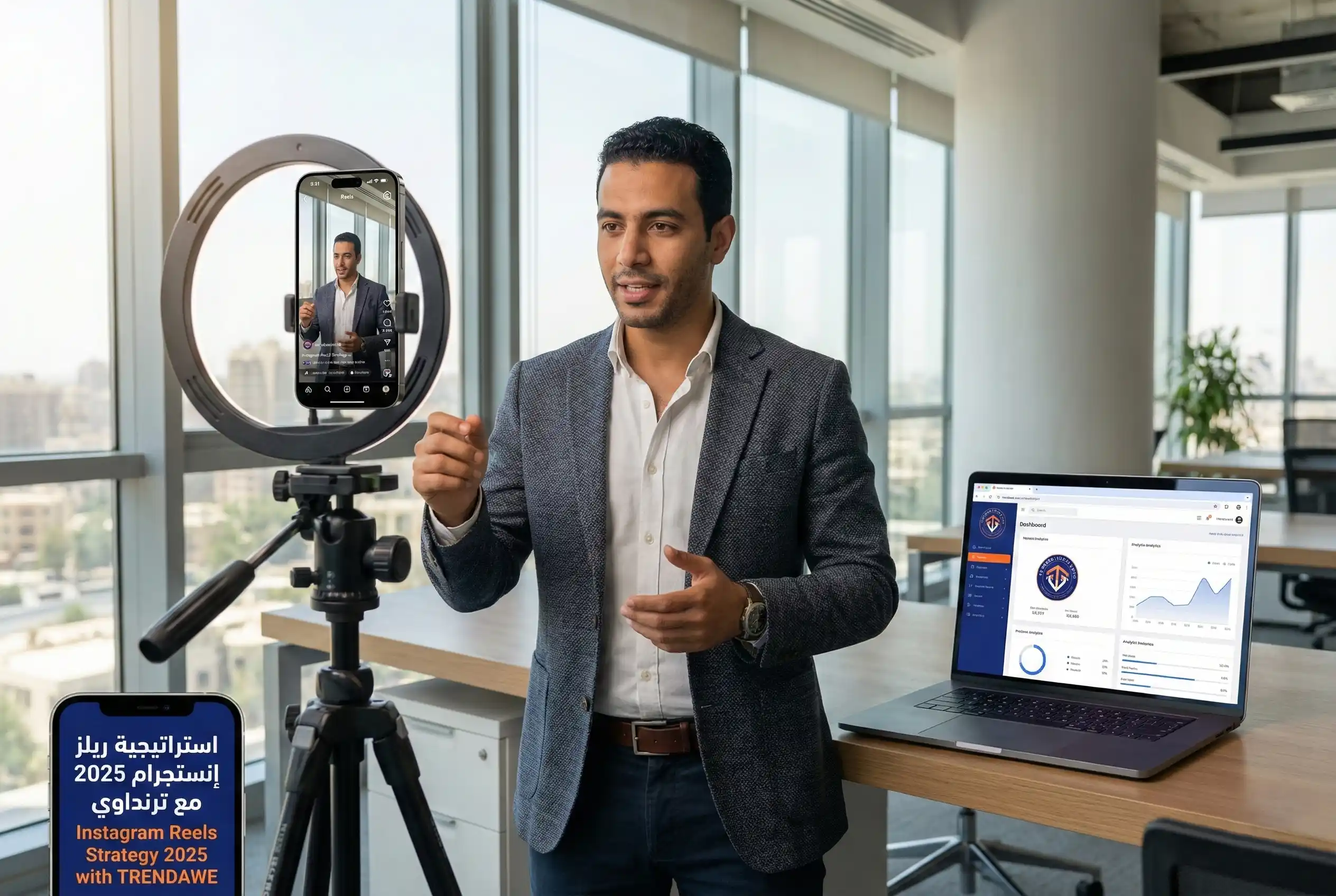 رائد أعمال أو صانع محتوى مصري يصور ريلز إنستجرام بهاتفه في مكتب عصري، مع ظهور واجهة إنستجرام على الشاشة وعدّاد المشاهدات والمتابعين يرتفع، وشعار ترنداوي واضح في الخلفية في عام 2025