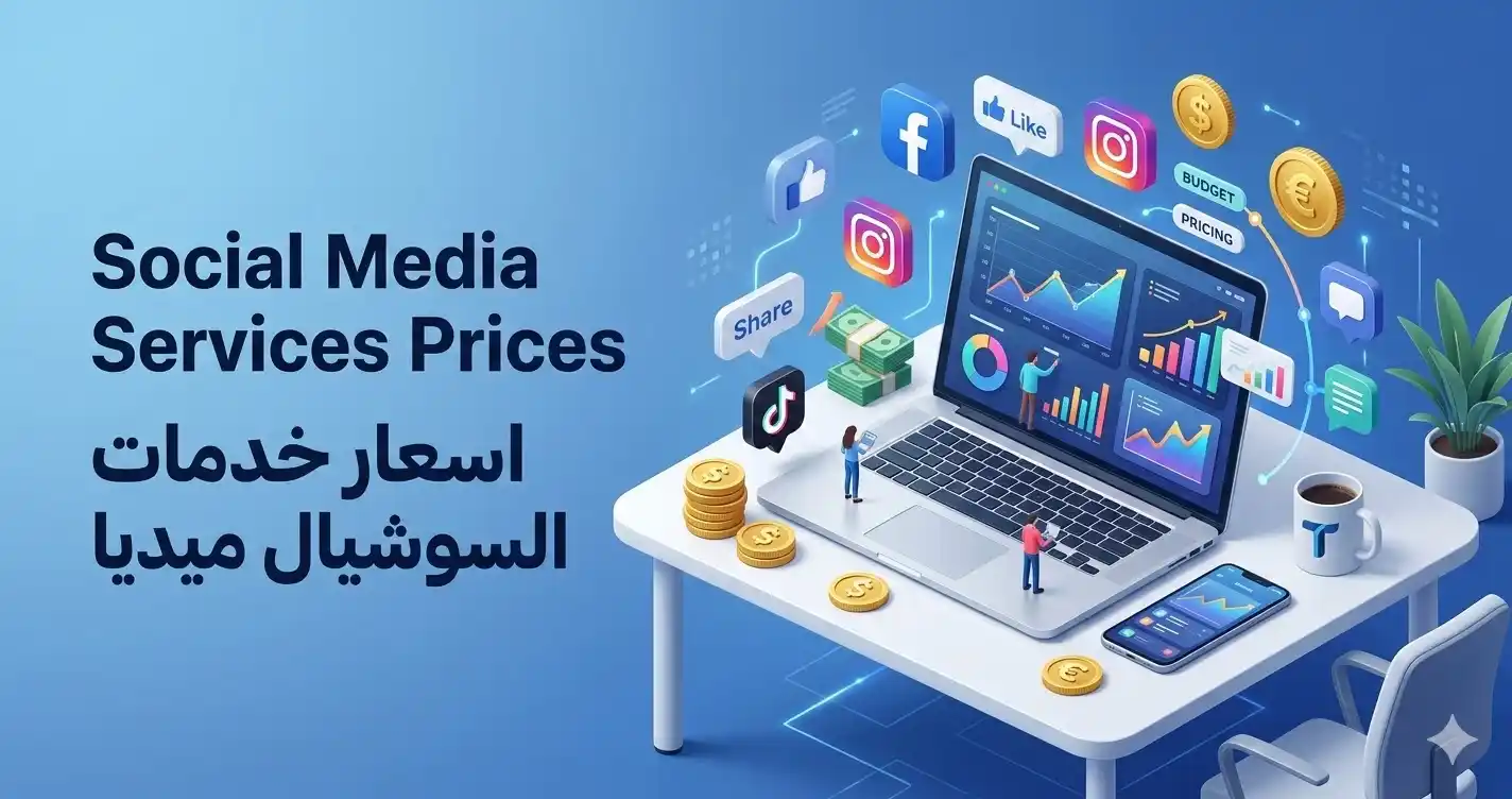 رسم توضيحي يظهر باقات مختلفة لاسعار خدمات السوشيال ميديا مع أيقونات للمنصات الشهيرة مثل فيسبوك وانستجرام وتيك توك.