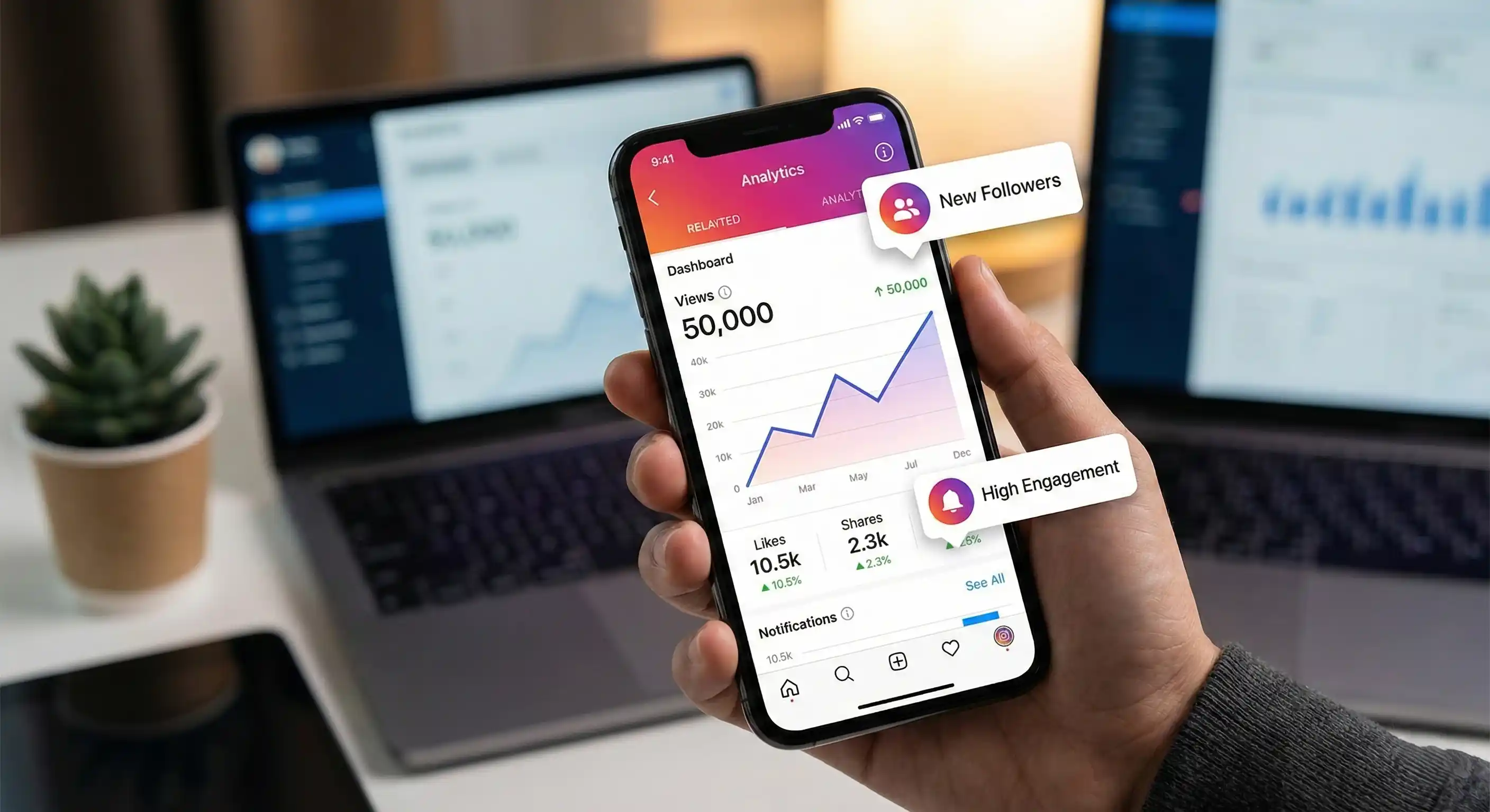 Smartphone displaying Instagram analytics with high view growth and engagement