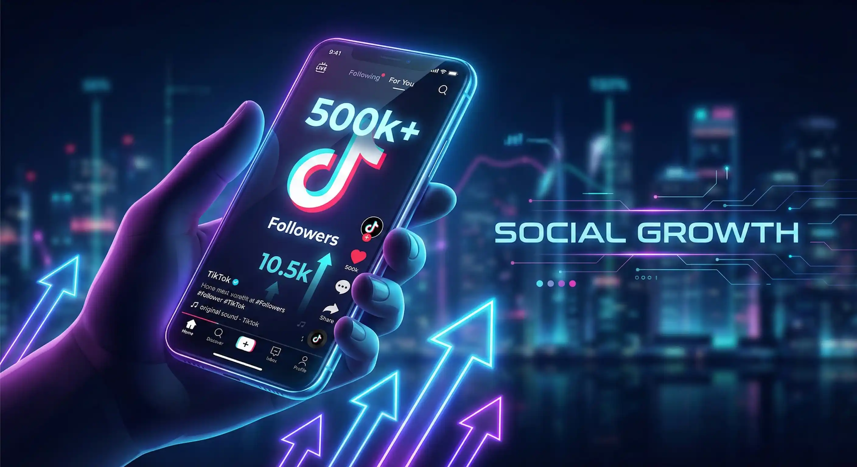 Smartphone displaying TikTok app with rising follower count and engagement metrics