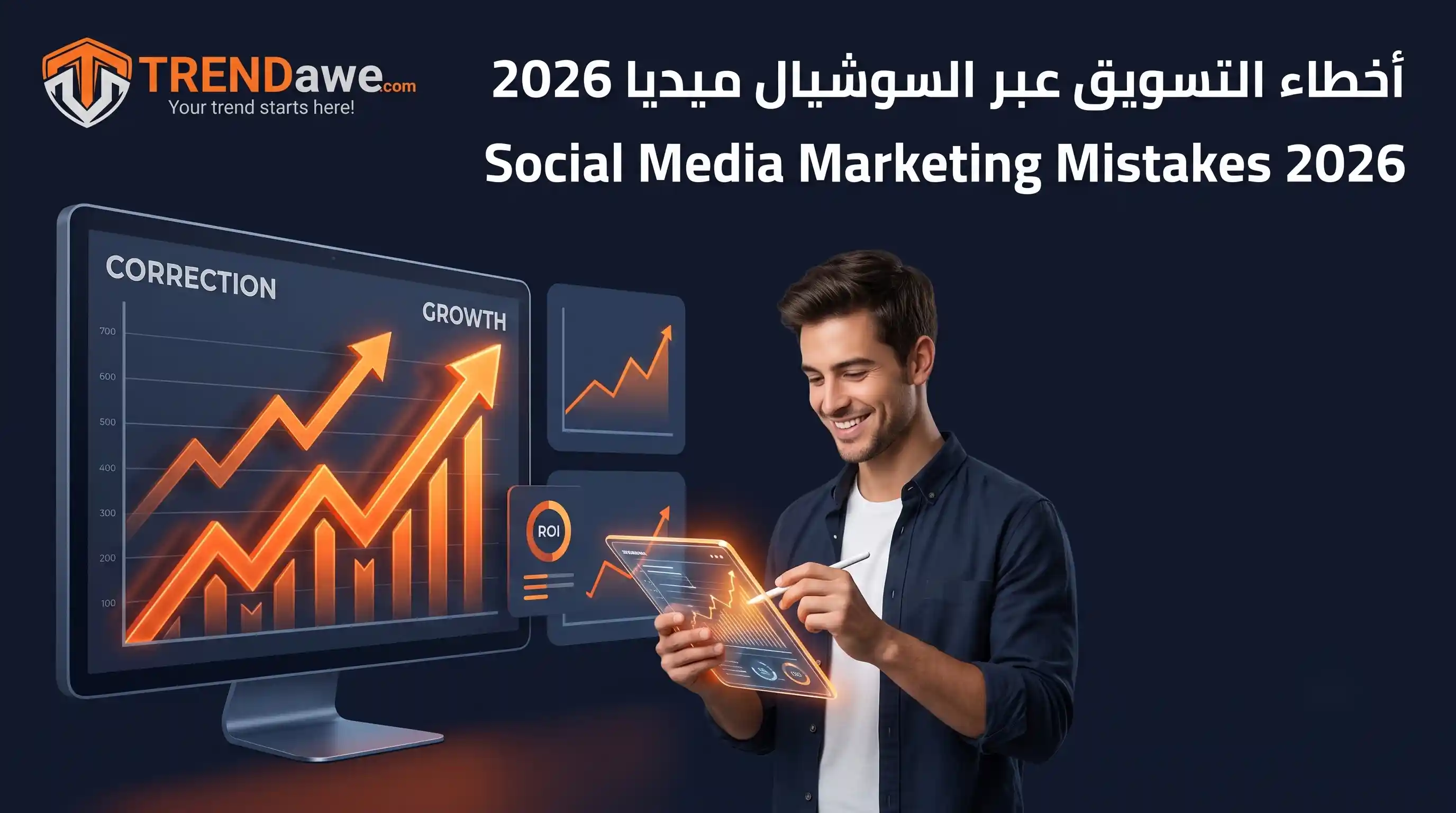 رسم بياني يوضح أخطاء التسويق عبر السوشيال ميديا في عام 2026 مع لوجو منصة ترنداوي TRENDawe.com للنمو السريع.