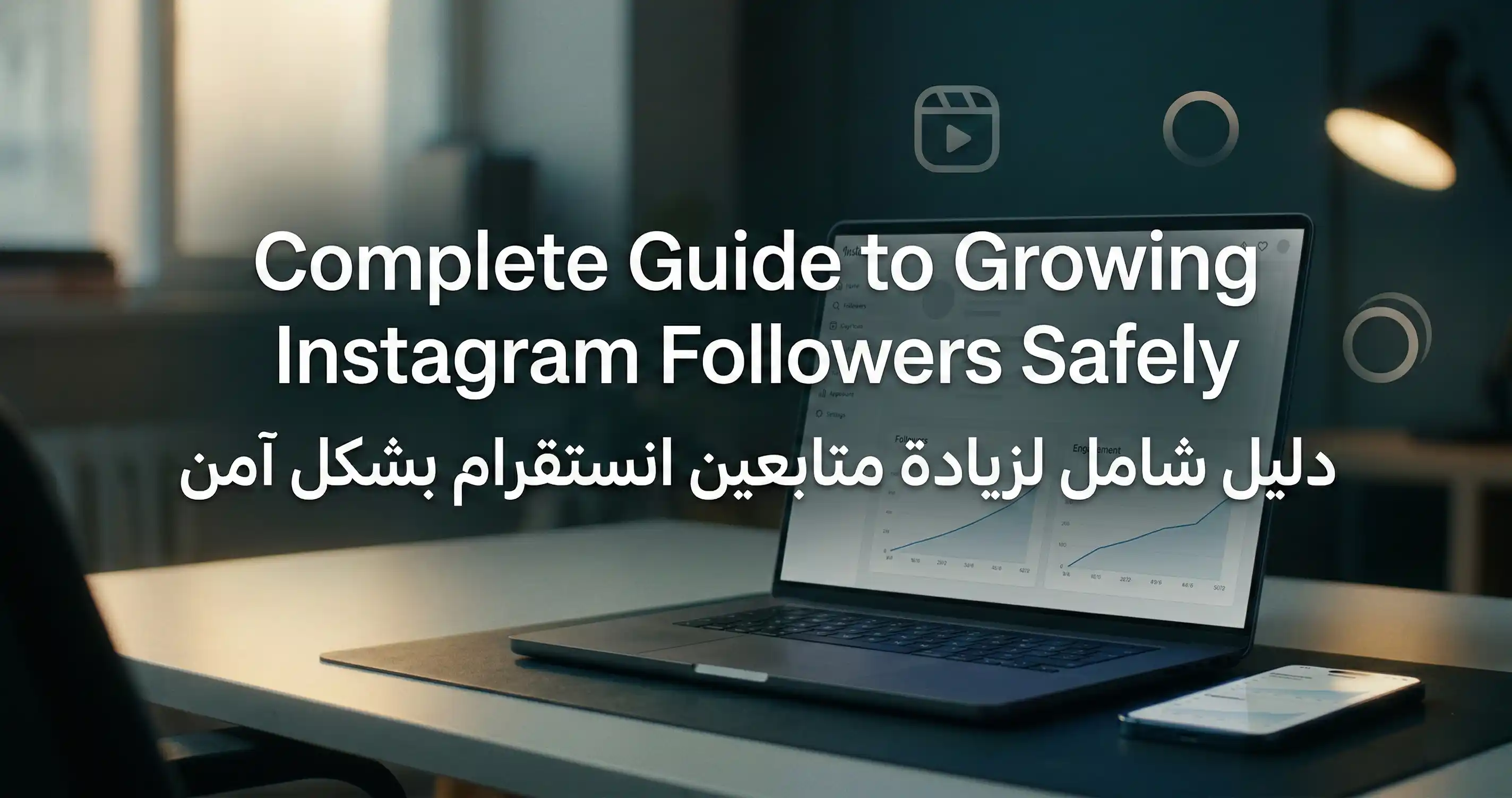 A creator planning an Instagram growth strategy on a laptop with follower and engagement analytics, Reels and Stories icons