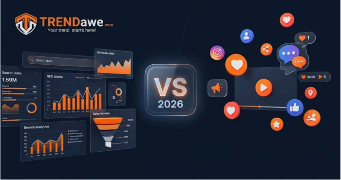 Digital Marketing vs Social Media Marketing comparison banner 2026 by TRENDawe