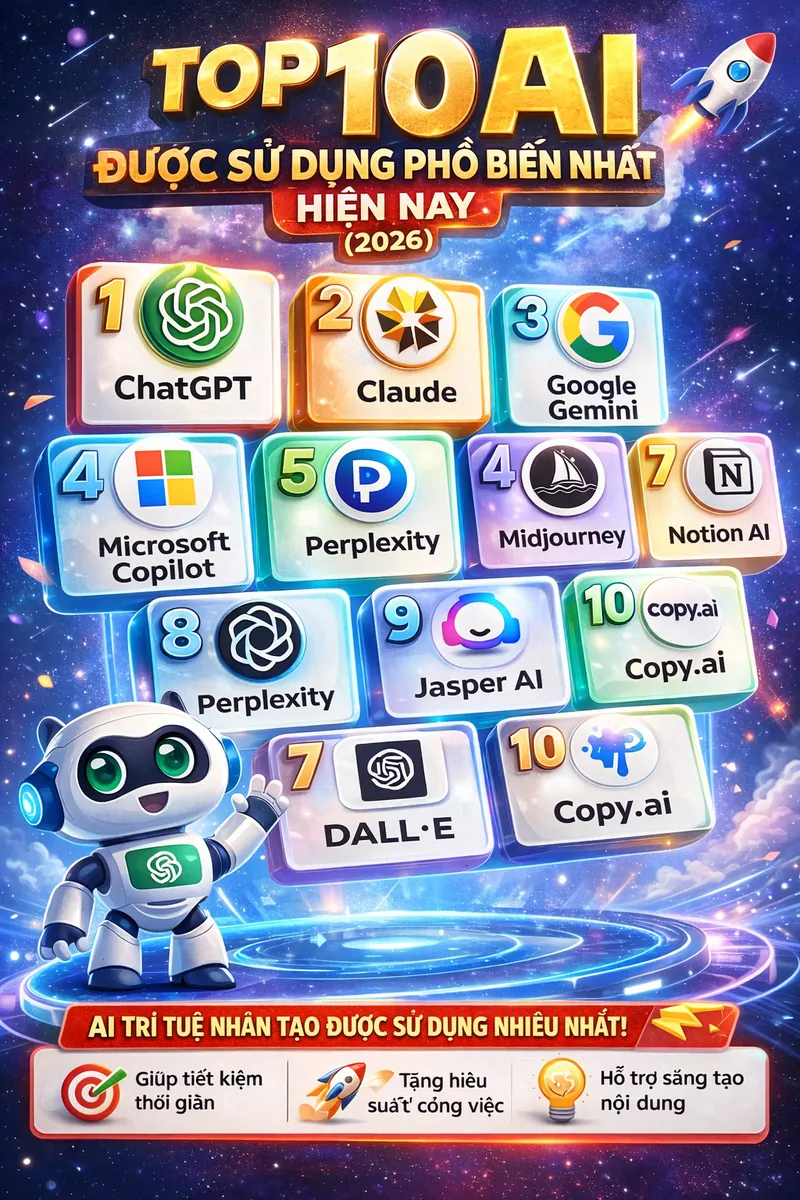 Top 10 AI phổ biến nhất 2026: ChatGPT, Claude, Gemini và hơn thế