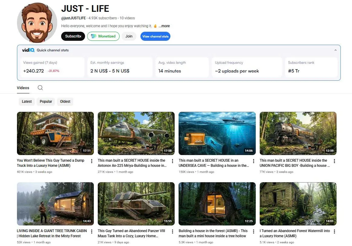 Ngách secret house: kênh JUST - LIFE và video xây nhà bằng AI