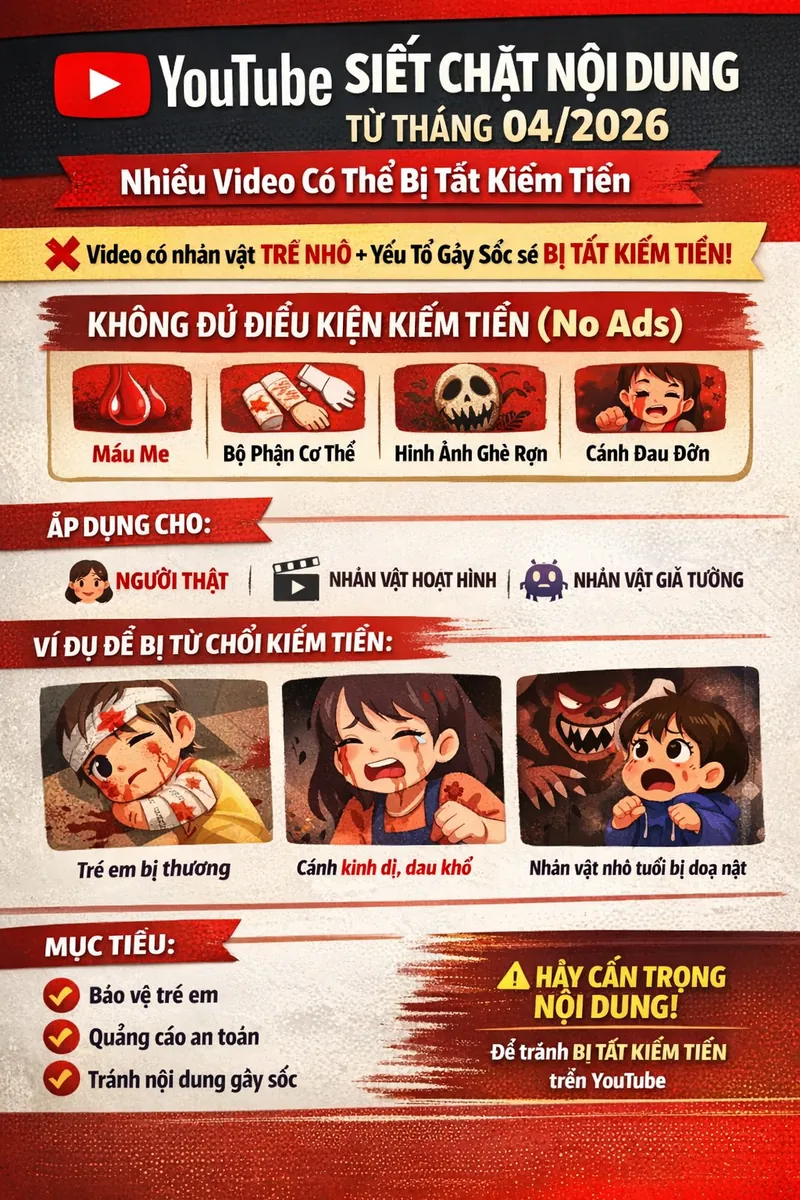 Tắt kiếm tiền YouTube: luật mới về nội dung gây sốc từ 04/2026