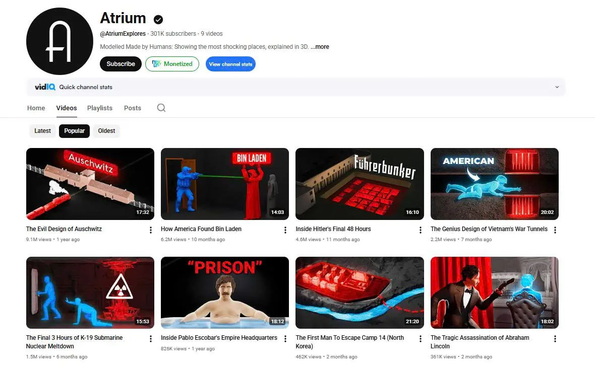 Kênh lịch sử mô phỏng 3D Atrium: 13 video, 39 triệu lượt xem