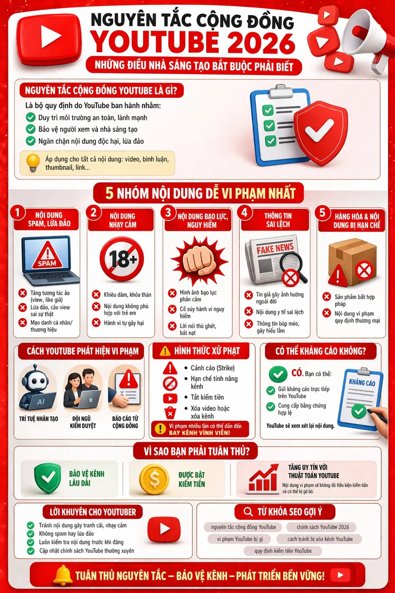 Nguyên tắc cộng đồng YouTube 2026: 5 nhóm lỗi dễ vi phạm nhất