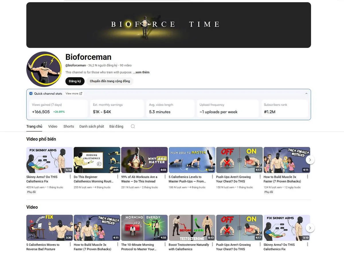 Kênh thể hình không lộ mặt: công thức của Bioforceman