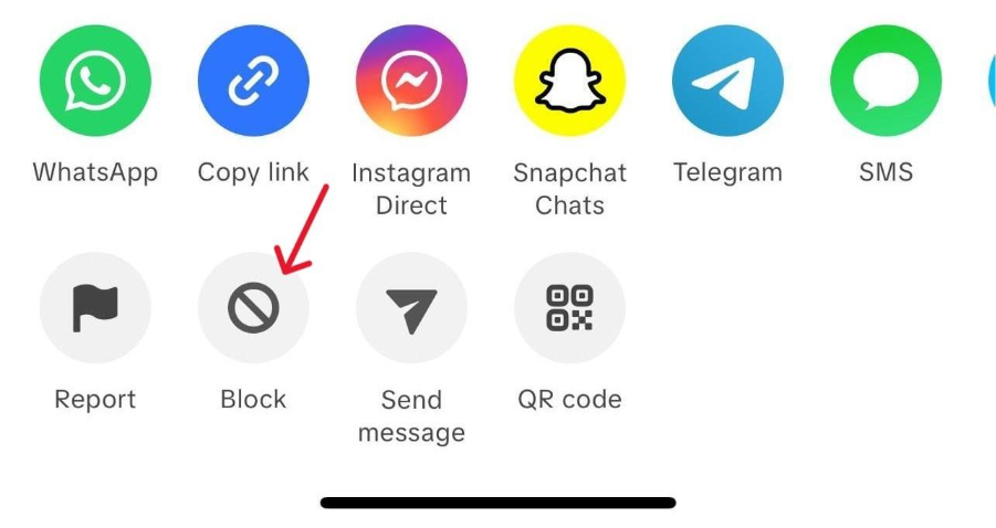 TikTok share menu with multiple options. A red arrow points to the Block button with a crossed-circle icon.