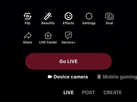 TikTok live setup interface displaying Go LIVE button and streaming tools like Flip, Effects, and Beautify.